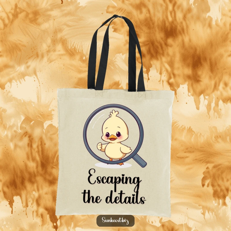 Funny duck character in a comical panic, escaping a large magnifying glass, printed on a durable tote bag.