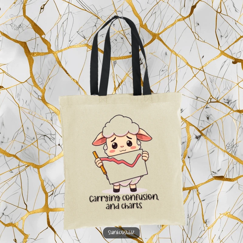Funny confused sheep holding a declining graph upside down, practical funny market gift.
