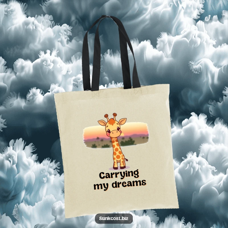 Funny tote bag with a happy giraffe wistfully watching a fading sunset, perfect for carrying belongings with whimsical, peaceful vibes.